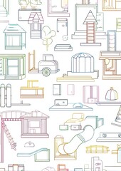 Fototapeta premium Colorful line art of playful buildings and slides.