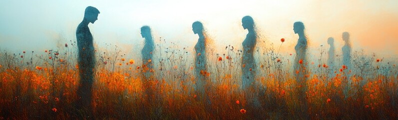 Many people standing in a field of tall grass