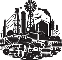 Obraz premium This black and white illustration depicts a vibrant agricultural scene, showcasing various farm equipment, structures, and crops arranged in a circular composition, suggesting a holistic view of farm