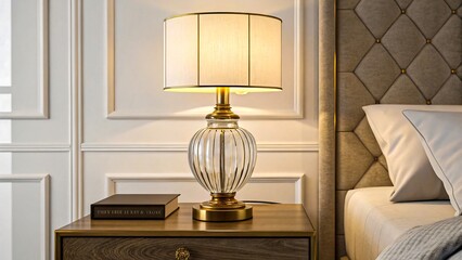 Detailed 3D render of elegant wooden nightstand with glass lamp beside plush bedding in luxury hotel room, intricate white wall molding, realistic lighting, photorealistic octane render, award-winning
