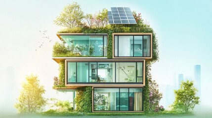 Modern eco-friendly multi-story building with green roof, solar panels, and extensive vegetation