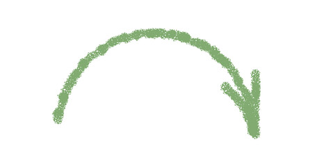 Wavy crayon arrow icon in green with hand drawn chalk stroke. Down pointer element with rough outline presents vivid sketch style for decor, template or modern symbol use.
