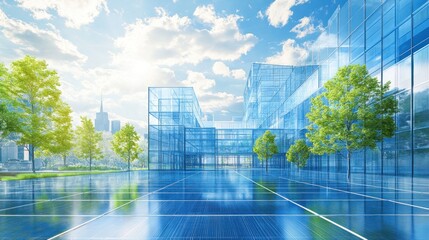 Modern glass building with reflective surfaces under a bright sky, featuring trees