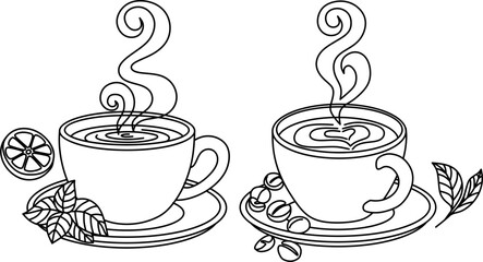 A cup of tea with a slice of lemon and a sprig of mint, a cup of coffee with scattered beans