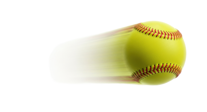 Vibrant yellow softball with red stitching mid-air, intense motion blur, isolated on transparent background with copy space, studio lighting, subtle shadows. Concept of high velocity sports