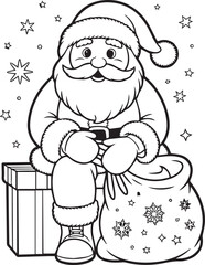Santa Claus with gifts and candy cane outline line art doodle cartoon illustration. Vector