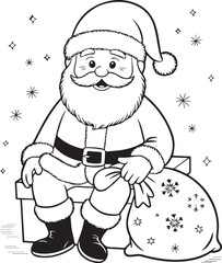 Santa Claus with gifts and candy cane outline line art doodle cartoon illustration. Vector