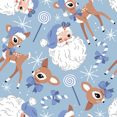 Seamless vector pattern with vintage Santa Claus and cute Christmas deer. Hand drawn retro Christmas pattern. Perfect for textile, wallpaper or nursery print design. EPS10 vector file.