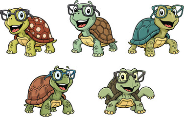 Playful cartoon turtles with colorful patterned shells, wearing glasses, standing upright, smiling characters for children’s books, education, and fun vector design