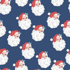 Seamless vector pattern with cute vintage Santa Claus head. Hand drawn retro Christmas pattern. Perfect for textile, wallpaper or nursery print design. EPS10 vector file.