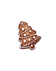 Watercolor illustration of Christmas tree shaped cookies decorated with icing. for holiday printing, packaging and greetings.