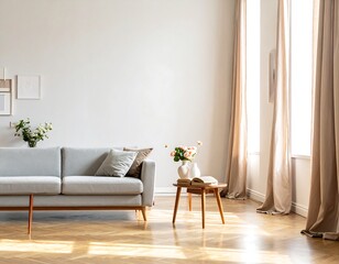Light-filled living room with a modern couch and wooden accents