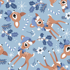 Seamless vector pattern with cute vintage Christmas deer and candy. Hand drawn retro Christmas fawn pattern. Perfect for textile, wallpaper or nursery print design. EPS10 vector file.