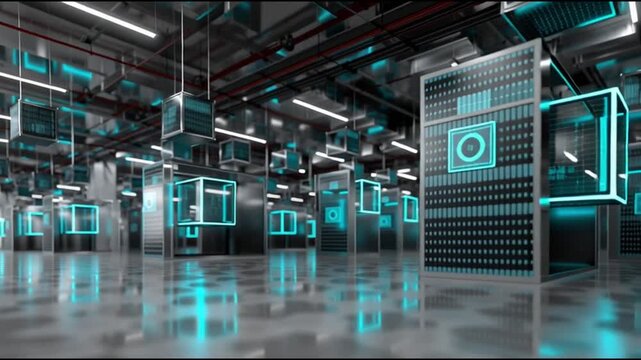 HPC + AI. High-Performance Computing. Artificial Intelligence. GPU computing. Inference engine. Bioinformatics. Futuristic interior with illuminated cubes and reflective surfaces.