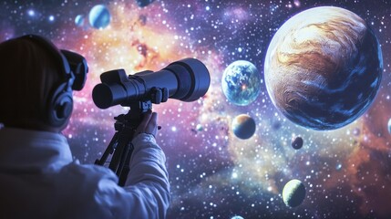 Person gazing through telescope at planets in swirling, colorful nebula