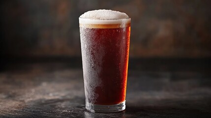 Pint glass filled with dark-colored beverage and a thick, frothy head, condensation visible