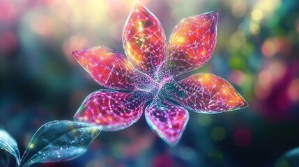 Radiant, digital flower blooms with intricate patterns and bokeh in a vibrant, colorful scene