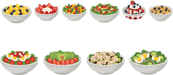 Vector illustration of various healthy salad bowls with fruits, vegetables, avocado, mushrooms, eggs, yogurt, nutritious diet and breakfast meals.