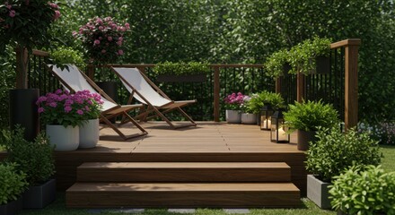 Obraz premium A wood deck features two white lounge chairs potted plants and lanterns set against a lush green backdrop of trees and shrubs