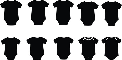 Black baby onesie silhouette set with various neckline and sleeve designs, vector fashion illustration for infant clothing design and retail
