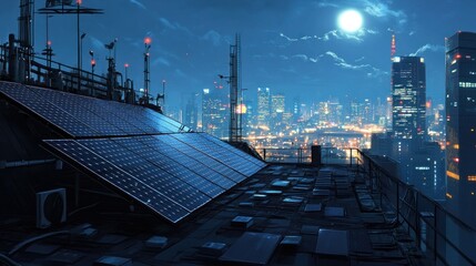 Rooftop with solar panels overlooking a city at night, moonlit sky, antennas