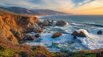 Rocky coastline at sunset, with cliffs meeting the ocean, and warm light