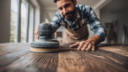 Close-up view of a person using a power sander on a wooden surface.