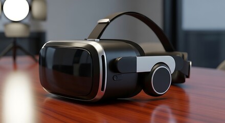 Virtual Reality Headset on Wooden Table - Immersive Technology Experience.