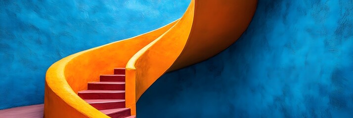 Vibrant spiral staircase with red steps and yellow railing against a textured blue wall