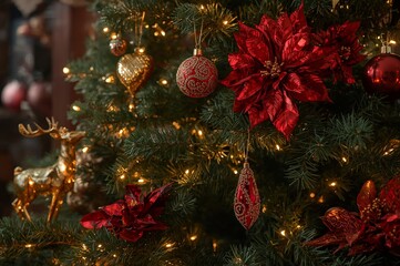 Elegant Christmas tree adorned with red poinsettias, gold reindeer, ornaments, and twinkling lights – AI-Generated.