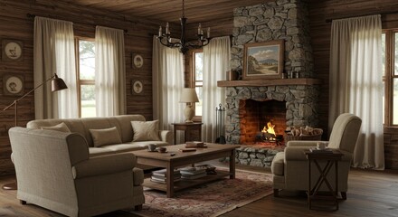 Fototapeta premium Cozy cabin living room featuring a stone fireplace comfortable furniture warm lighting