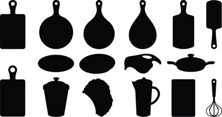 Collection of black silhouette kitchen tools including cutting boards, rolling pins, teapots, whisks, and more for cooking preparation.