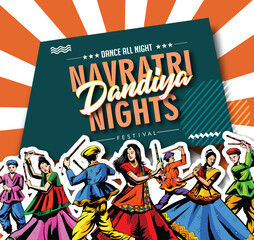 Obraz premium Illustration of couple playing Garba and Dandiya in Navratri Celebration and dandiya night, Gujarati Garba Night poster for Navratri Dussehra festival of India