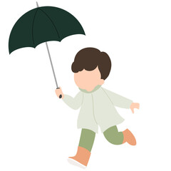 Hand drawn illustration during the rainy season with a boy wearing a raincoat and holding an umbrella