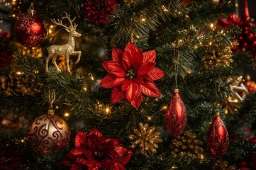 Festive Christmas tree decorated with red poinsettia, ornaments, lights, and pinecones – AI-Generated.