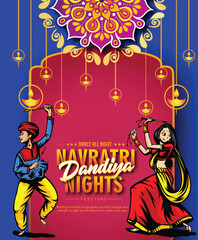 Illustration of couple playing Garba and Dandiya in Navratri Celebration and dandiya night,  Gujarati Garba Night poster for Navratri Dussehra festival of India