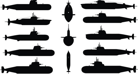 Collection of black silhouette submarine designs in various angles and sizes, showcasing military and naval underwater vessels in silhouette.
