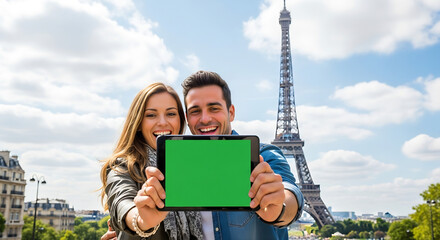 Joyful tourist couple holding a digital tablet with a green screen for mockup in front of the iconic Eiffel Tower in Paris