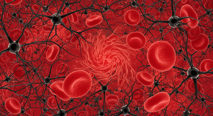 Dynamic neural network with flowing red blood cells, a vibrant microscopic view of life's vital systems
