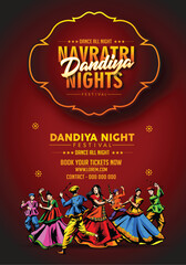 Illustration of couple playing Garba and Dandiya in Navratri Celebration and dandiya night,  Gujarati Garba Night poster for Navratri Dussehra festival of India