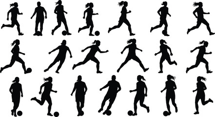 Dynamic Silhouette Illustration of Female Soccer Players in Action, Running, Kicking, Dribbling, and Scoring, Athletic Sports Concept