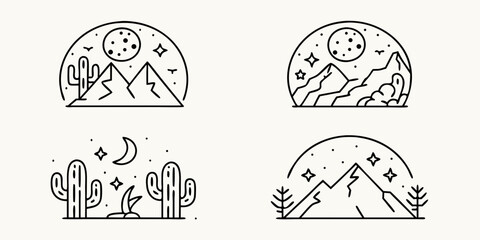 Collection of minimalist black and white line art icons depicting desert landscapes with cacti mountains moon and stars
