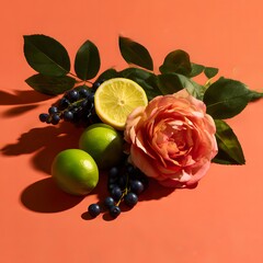 Vibrant still life arrangement of rose lime lemon berries and green leaves in warm sunlight