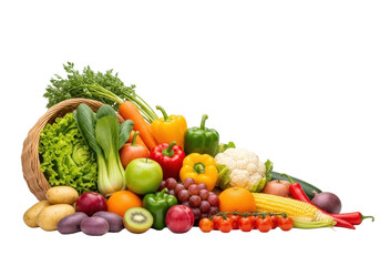 Vibrant raw fruits and vegetables, like peppers, apples, and oranges, spilling from a wicker basket on a transparent background with copy space, concept of healthy fresh food