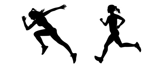 Silhouettes of two running women in dynamic poses on a white background. Perfect for sports designs, fitness apps, health articles, or motivational posters. This vector-style image suits graphic desig