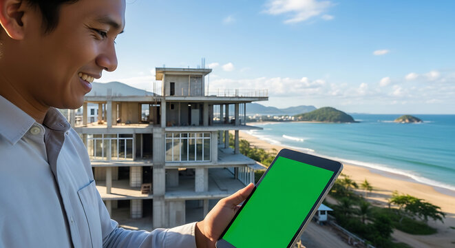 Smiling Asian engineer holding a tablet with a green screen, overseeing a modern beachfront real estate construction project by the ocean