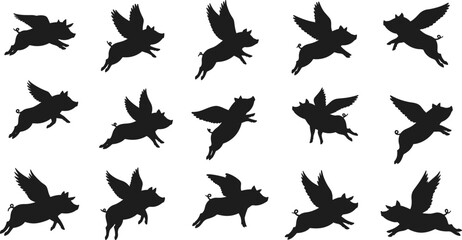 Illustration of flying pigs with wings in various dynamic poses, showcasing humorous and whimsical concept of pigs flying.