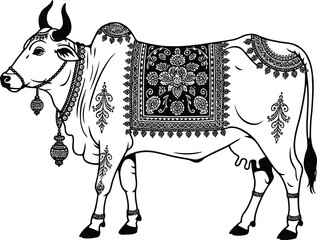 Decorated cow illustration vector art black and white indian hindu traditional animal design graphic artwork