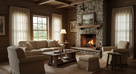 Fototapeta premium Rustic living room wstone fireplace sofa armchairs wooden walls and coffee table