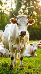 White cow in pasture at sunset
